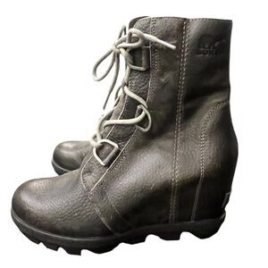 Sorel Joan Of Arctic II Boot Sz 7.5 Wedge‎ Hidden Heel Lace Up Gray Leather $240